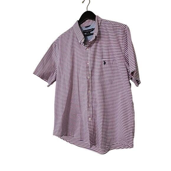 Us Polo Assn Shirt Short Sleeve Button Up Pink White Blue Striped XL Cotton EUC - Picture 2 of 9